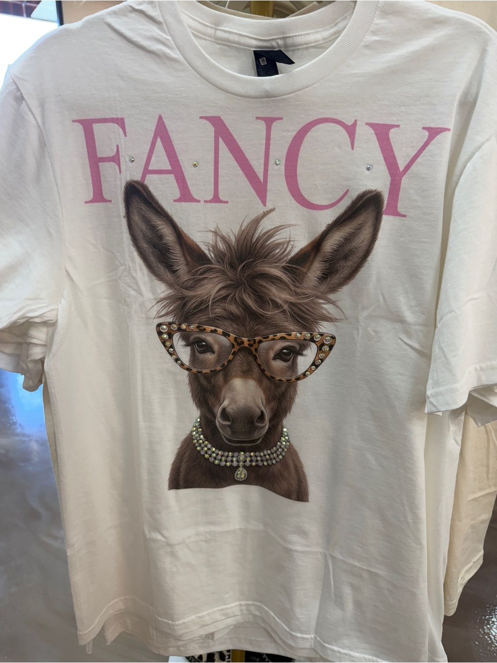 Gildan White "FANCY" Donkey Graphic Tee with Pink Lettering